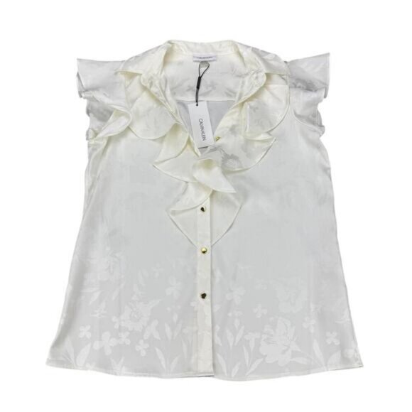 NWT CALVIN KLEIN Floral Ruffle Flutter Sleeves Button Up Top Sz XS Ivory White - Picture 3 of 6
